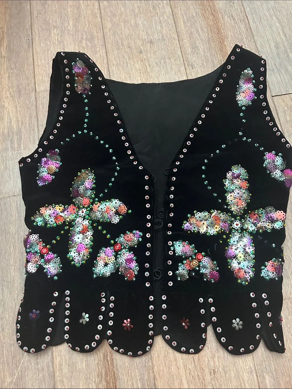 60s 70s hippie boho style Black Sequined Floral velvet  Vest